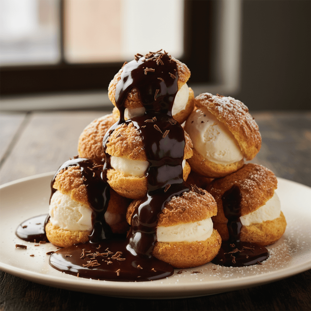 Classic French Profiteroles with Vanilla Ice Cream & Chocolate Sauce