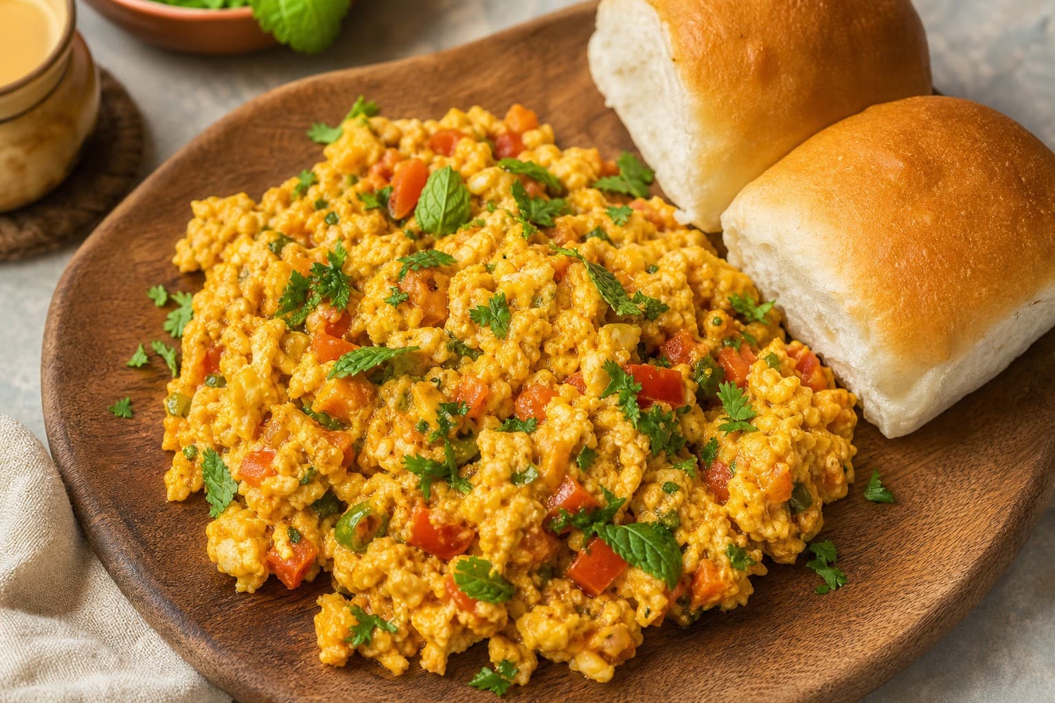 Parsi Akuri (Spiced Scrambled Eggs) on Pav Bread