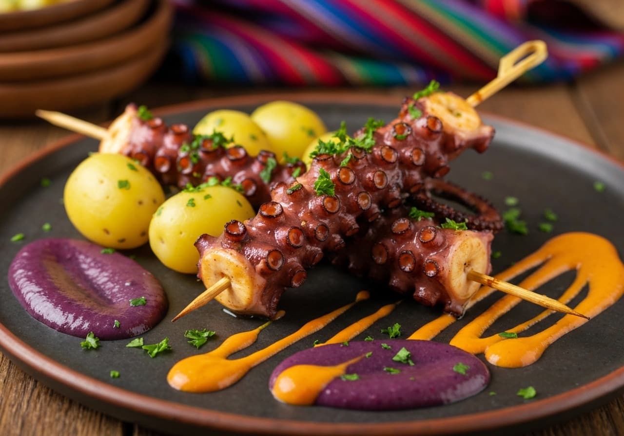 Grilled Octopus Skewers with Rocoto Cream and Purple Corn Reduction