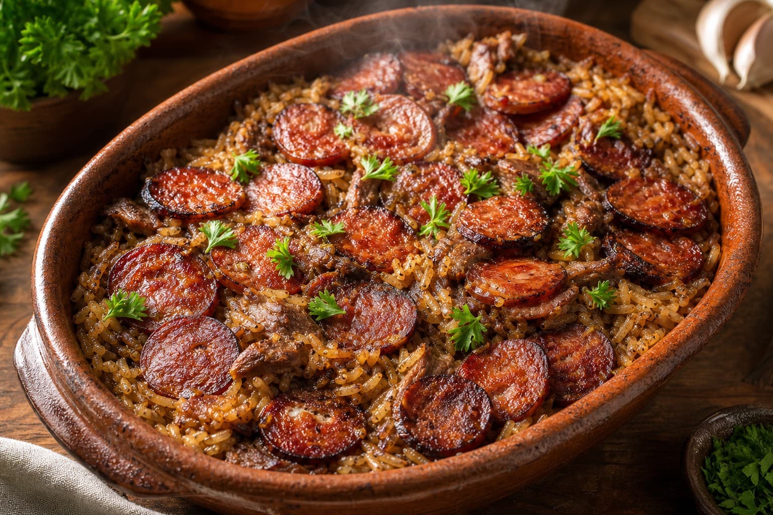 Duck Rice with Chorizo Crust