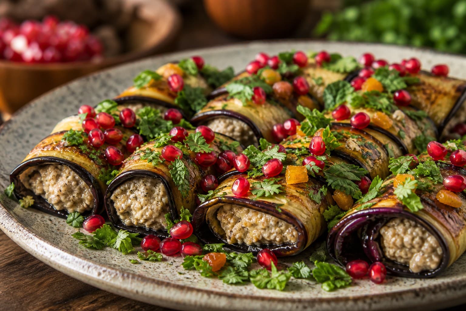 Georgian Eggplant Rolls with Walnut Paste, Candied Citrus, and Fresh Herbs