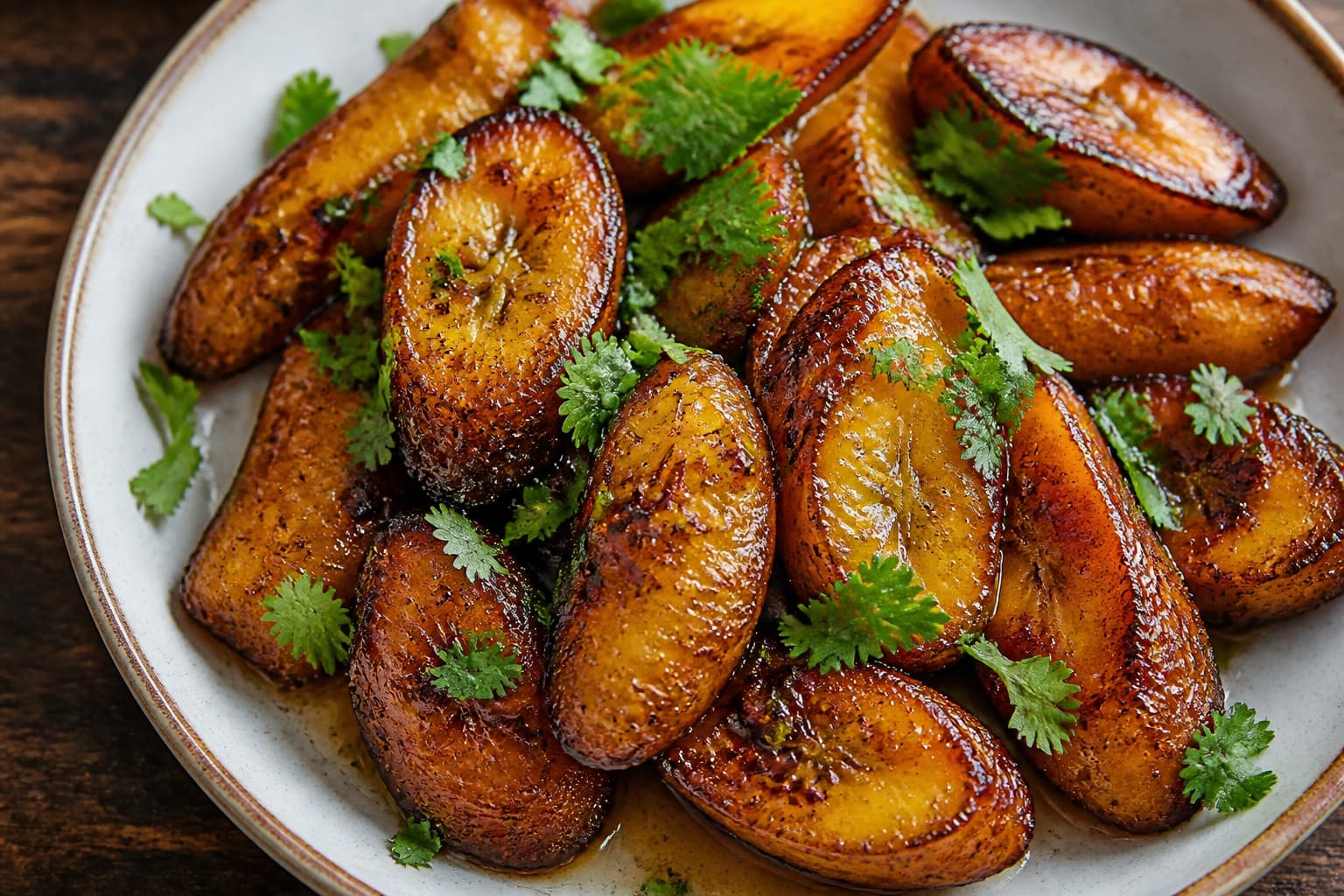 Roasted Plantains with Tamarind-Ginger Glaze and Cilantro