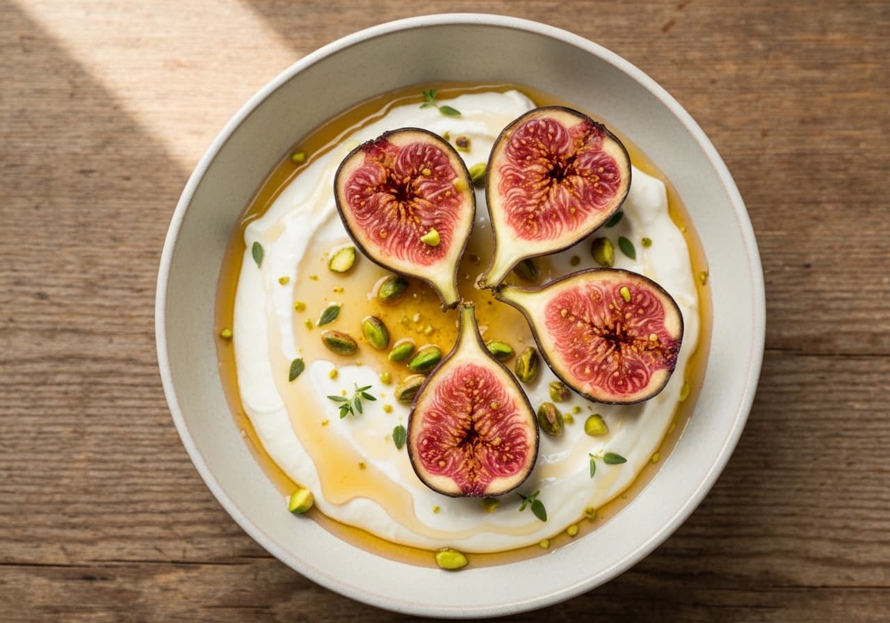 Fromage Blanc Bowl with Roasted Figs, Honey, and Pistachios