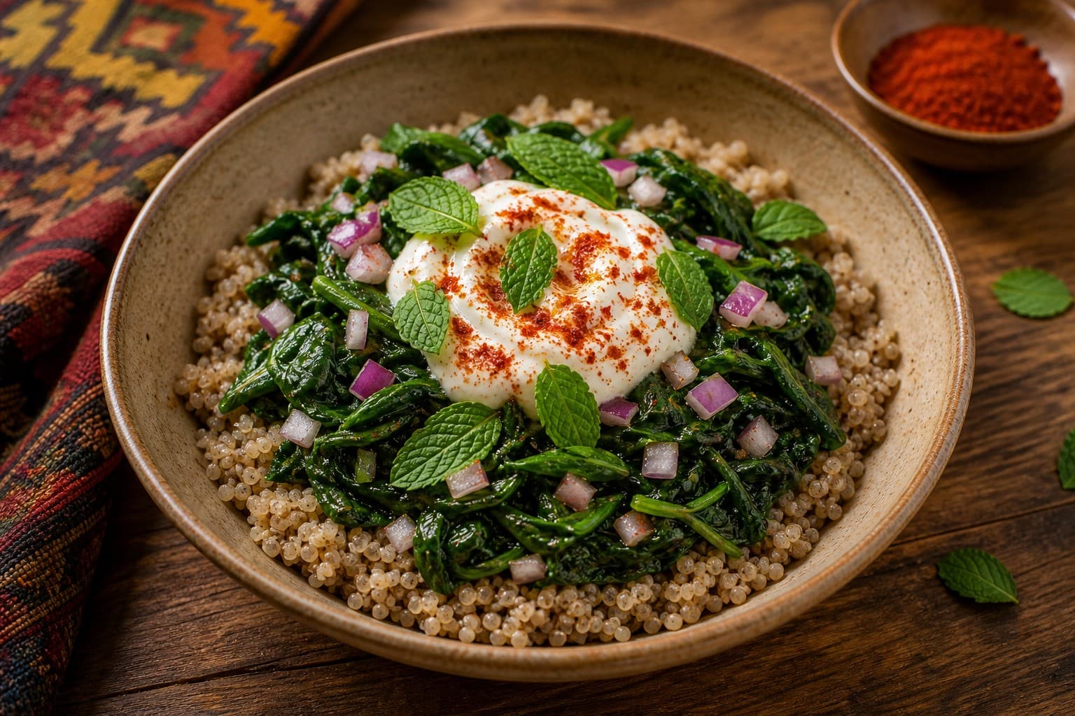 Spiced Teff Bowl with Spinach and Berbere Yogurt