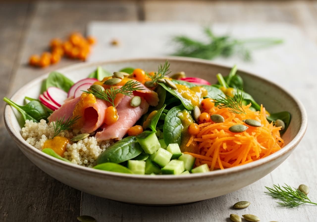 Vibrant Sea Buckthorn & Quinoa Bowl with Monts Valin Smoked Trout