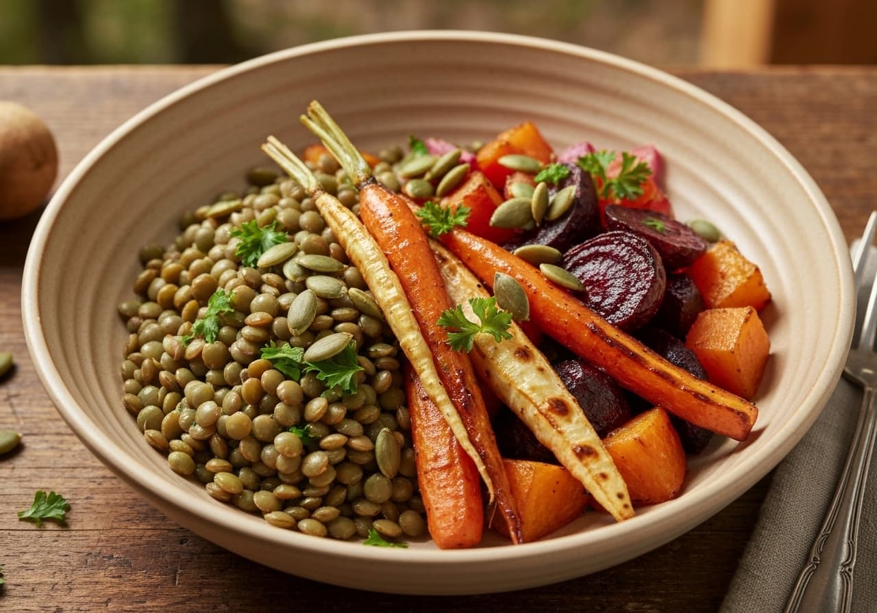 Boreal Energy Bowl with Lentils and Maple-Roasted Root Vegetables