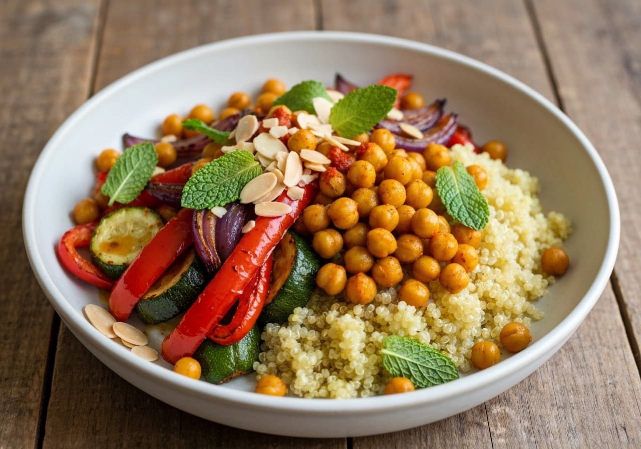 Vibrant Moroccan Bowl with Roasted Vegetables, Harissa Chickpeas, and Lemon Quinoa