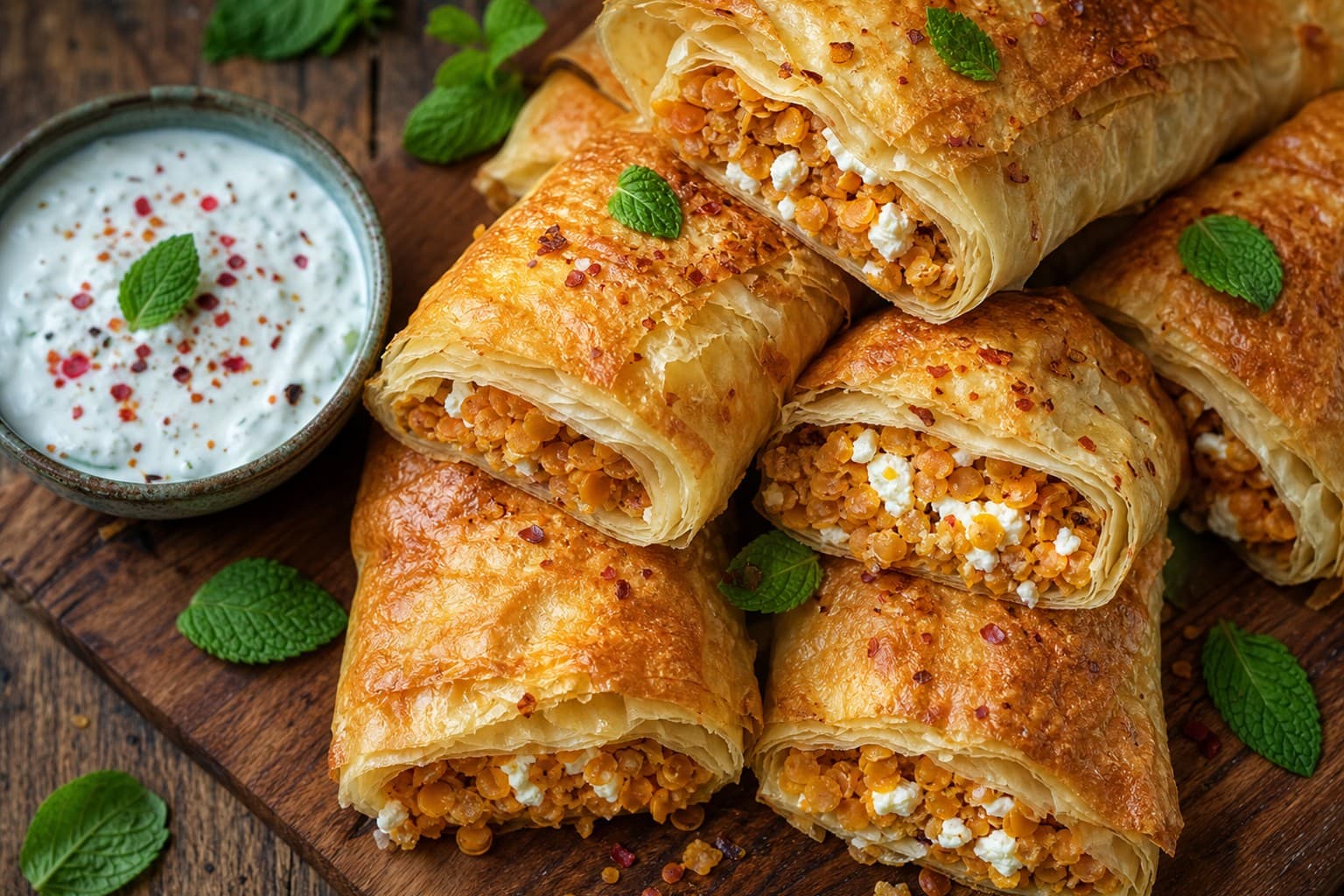 Crispy Börek with Spiced Red Lentils and Feta, Smoked Yogurt and Mint Sauce