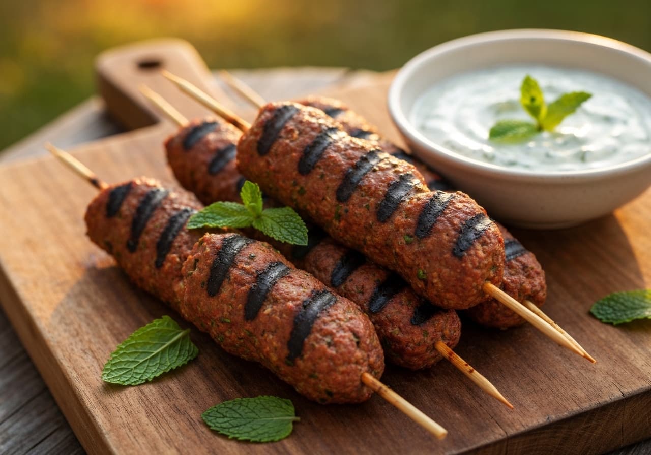 Grilled Lamb Kofta Skewers with Harissa-Mint Yogurt Sauce
