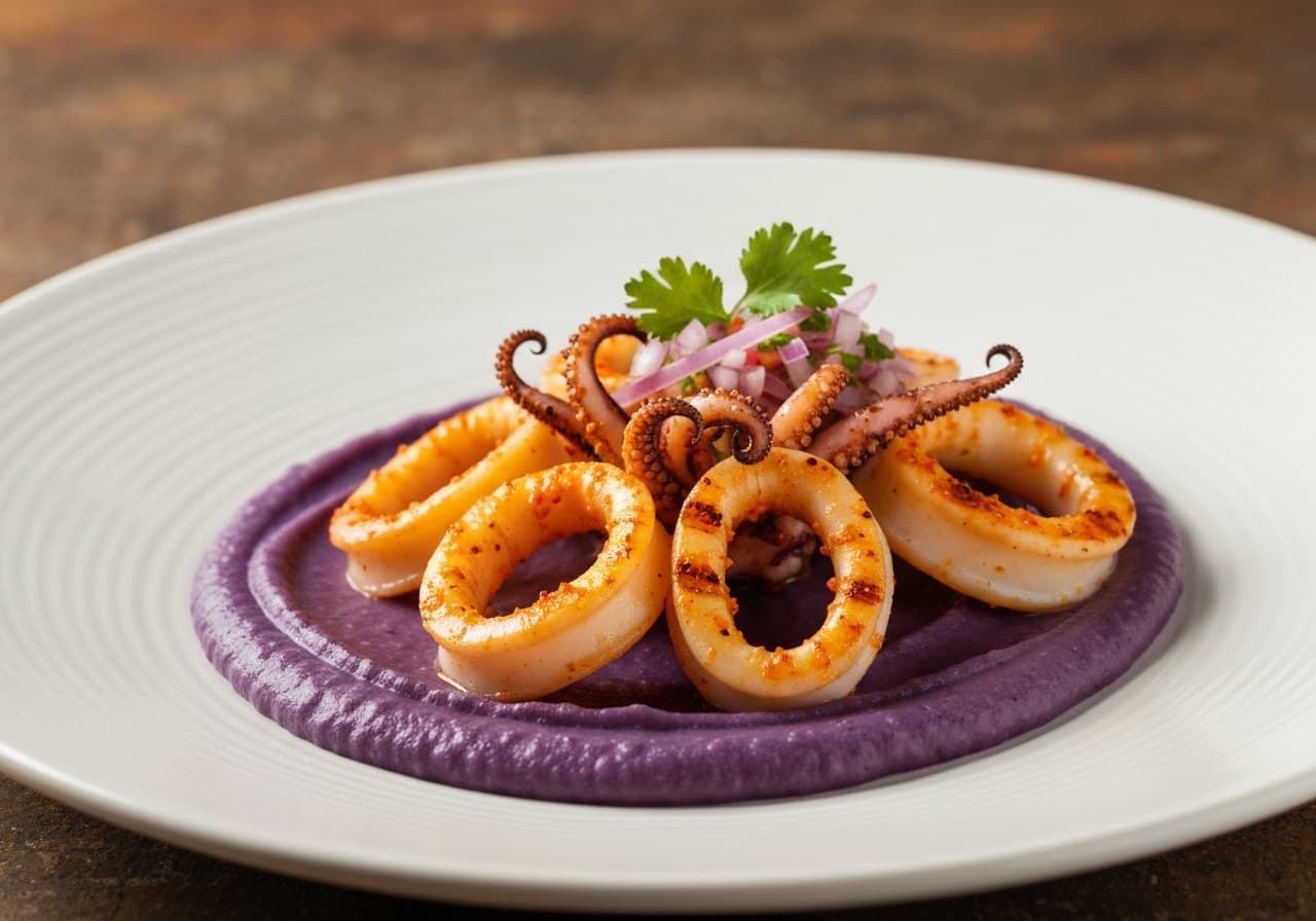 Grilled Calamari with Andean Spices, Purple Sweet Potato Purée, and Salsa Criolla
