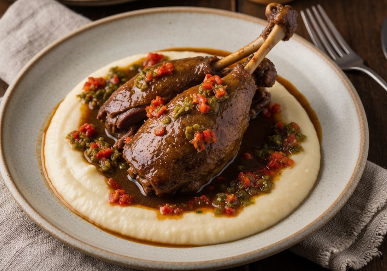 Braised Duck with Andean Herbs, Yucca Puree and Confit Ají Limo