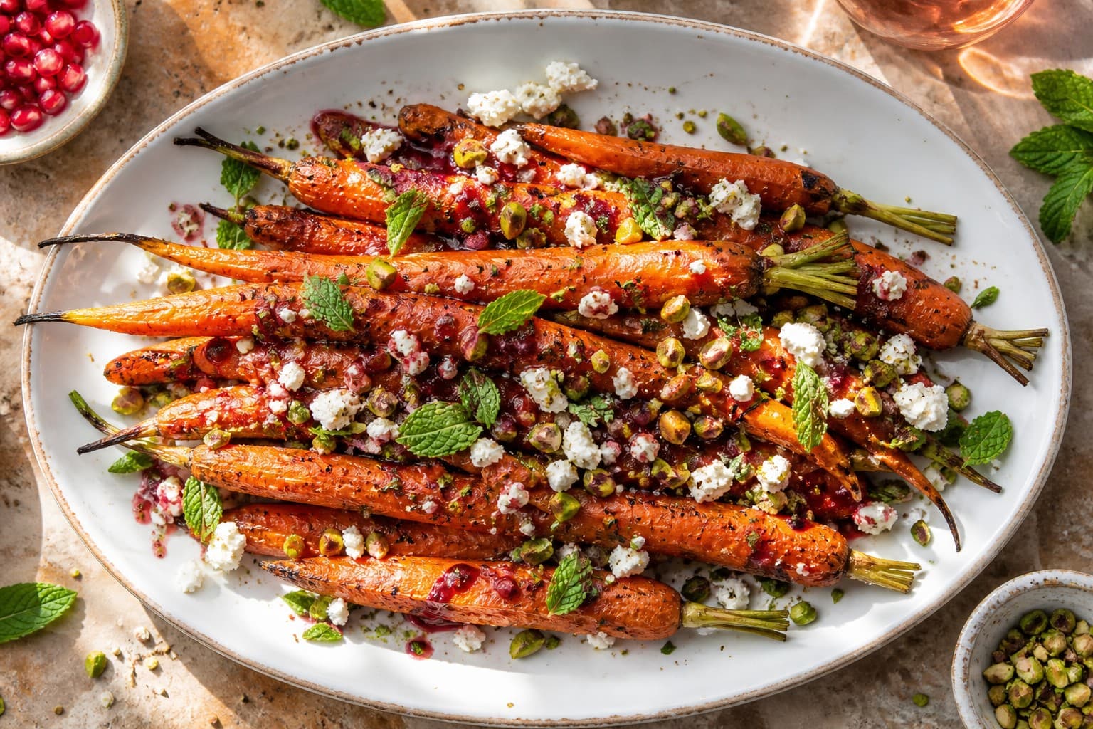 Sumac Roasted Carrots with Feta, Pistachios and Pomegranate-Mint Vinaigrette