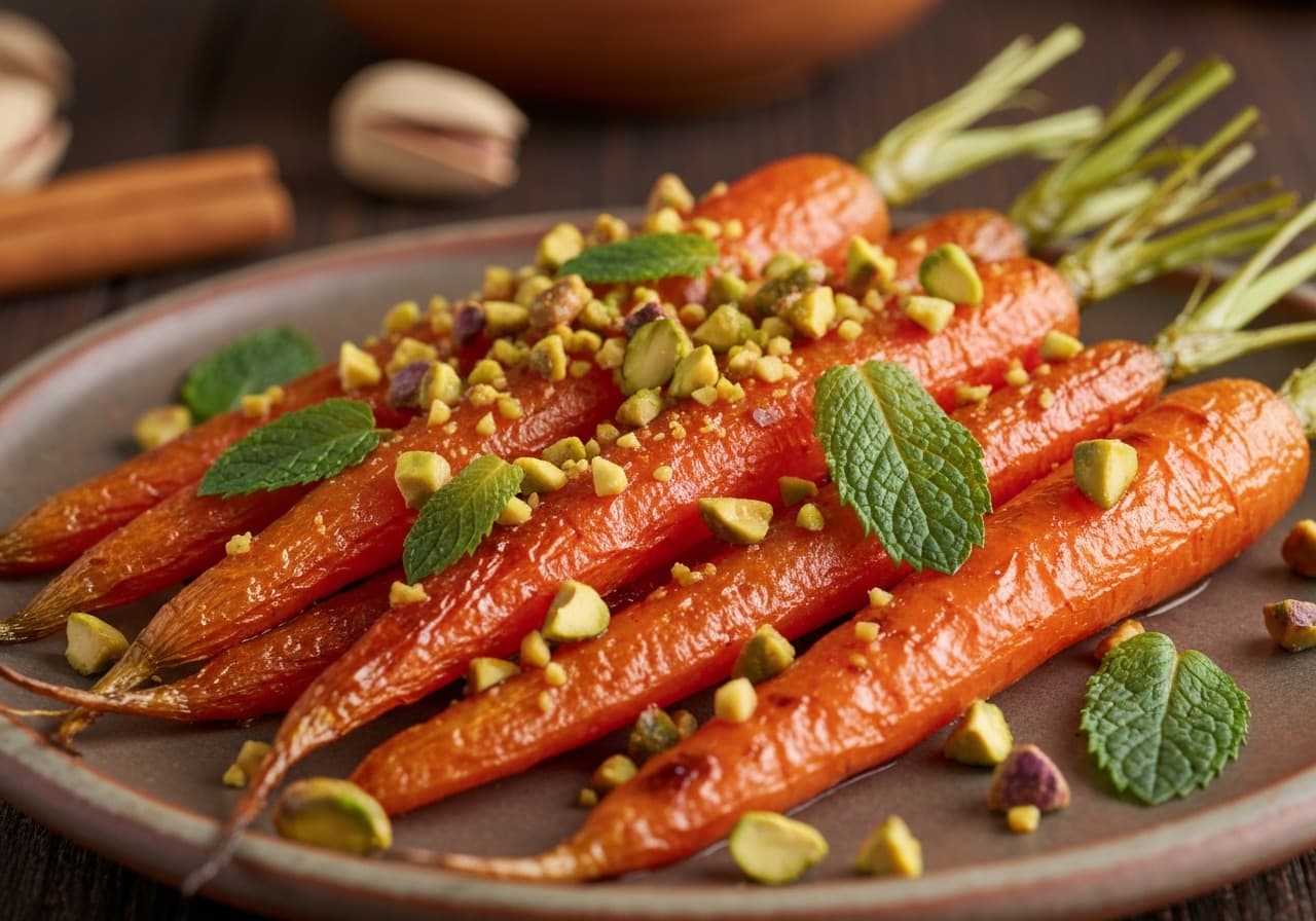 Roasted Carrots with Ras el Hanout Spices and Caramelized Pistachios