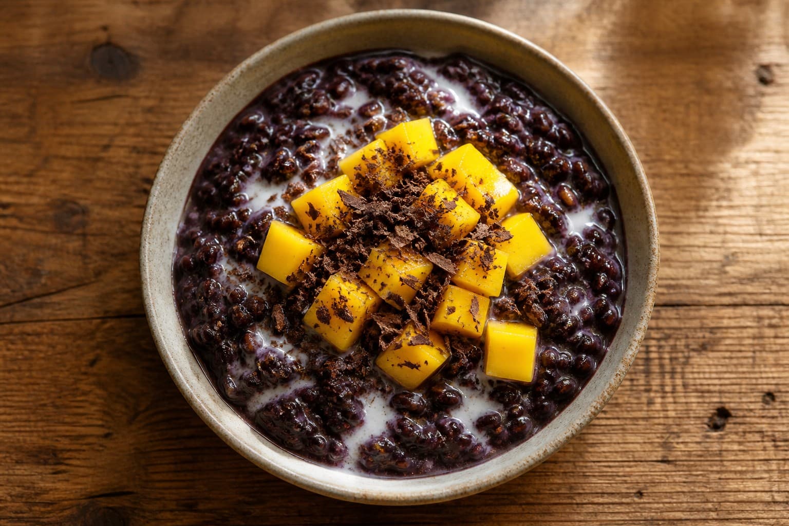 Black Rice Champorado with Coconut Milk and Fresh Mango