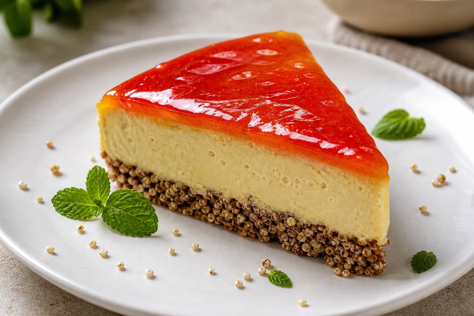 Lucuma Cheesecake with Quinoa Crust and Camu Camu Glaze