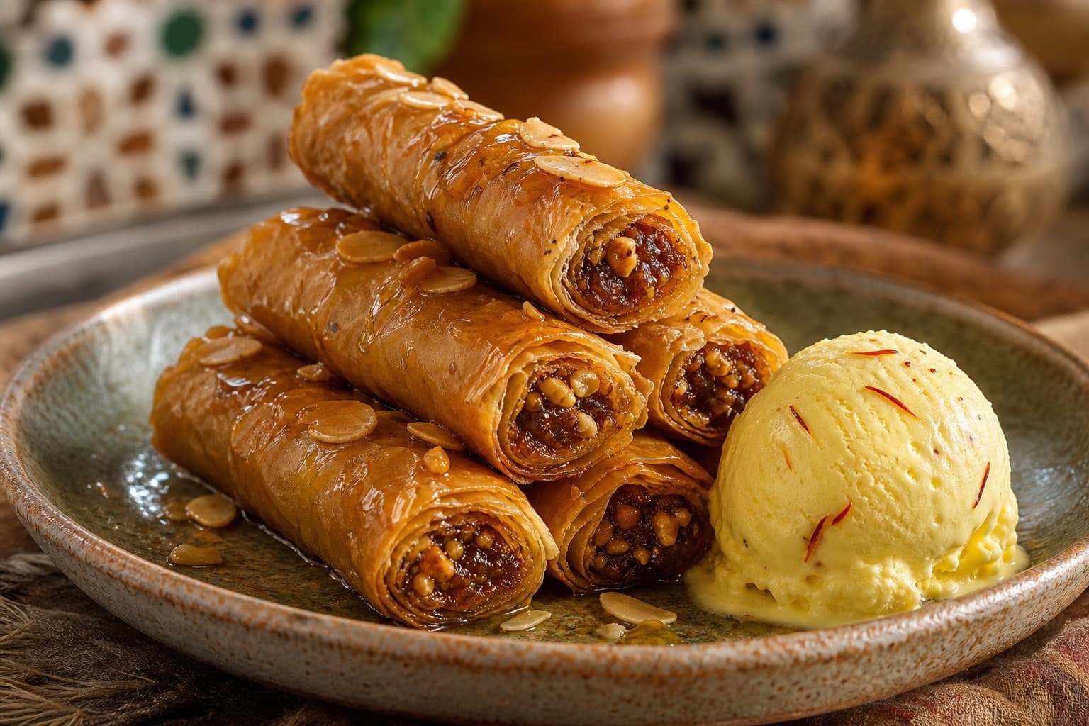 Almond and Date Cigars with Honey-Orange Blossom Glaze, Served with Saffron Ice Cream