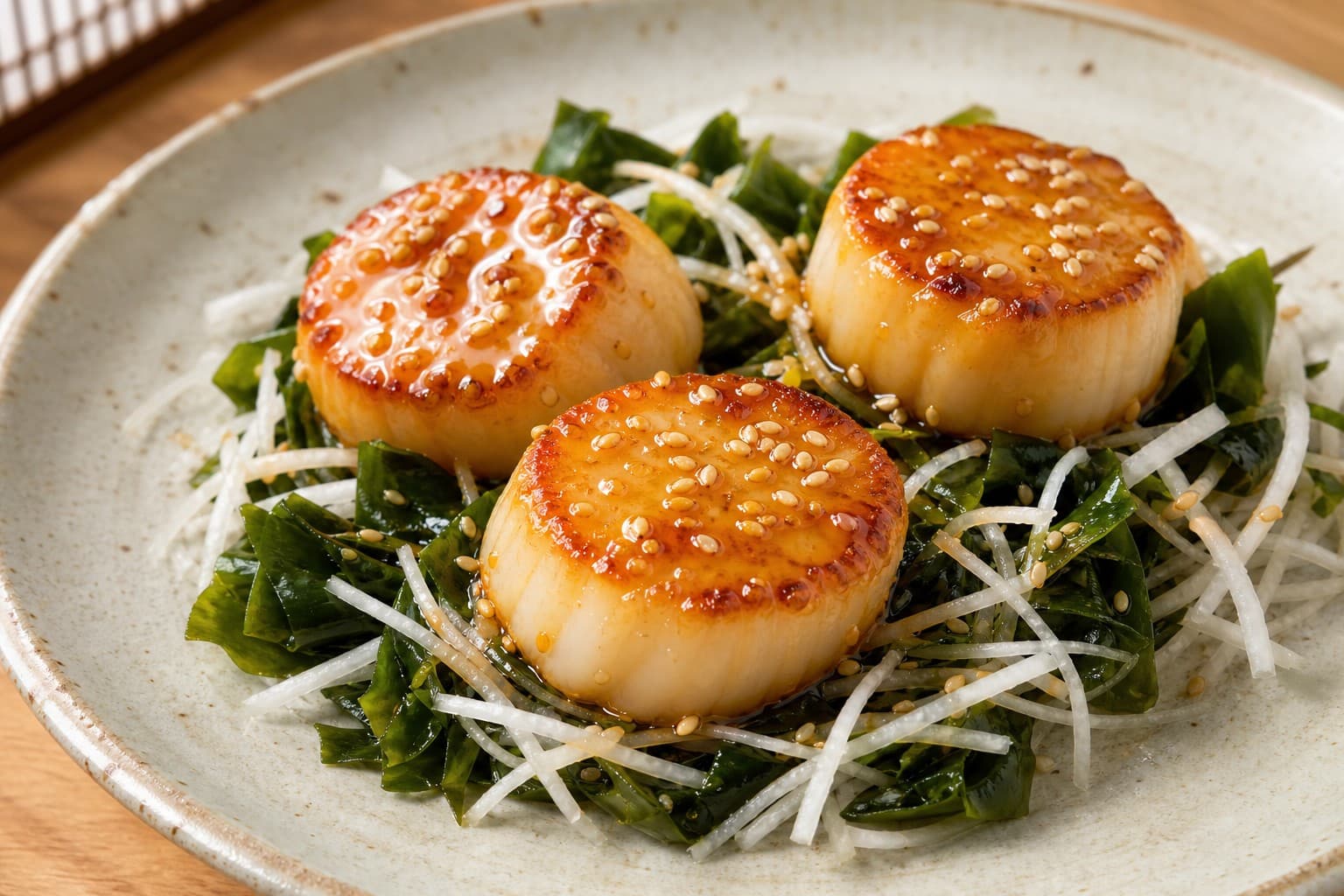White Miso and Yuzu Glazed Scallops with Crispy Daikon and Wakame Salad
