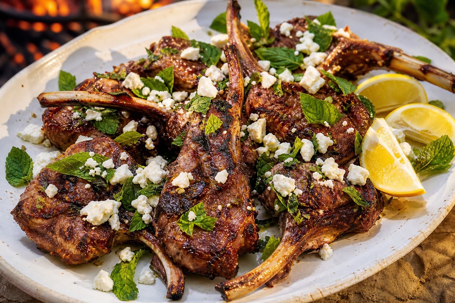 Grilled Lamb Chops with Lemon-Herb Marinade and Feta-Mint Crumble