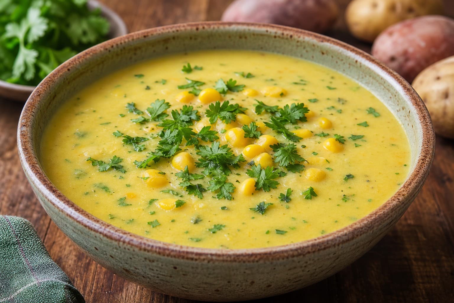 Creamy Yellow Potato Soup with Huacatay and Fresh Corn