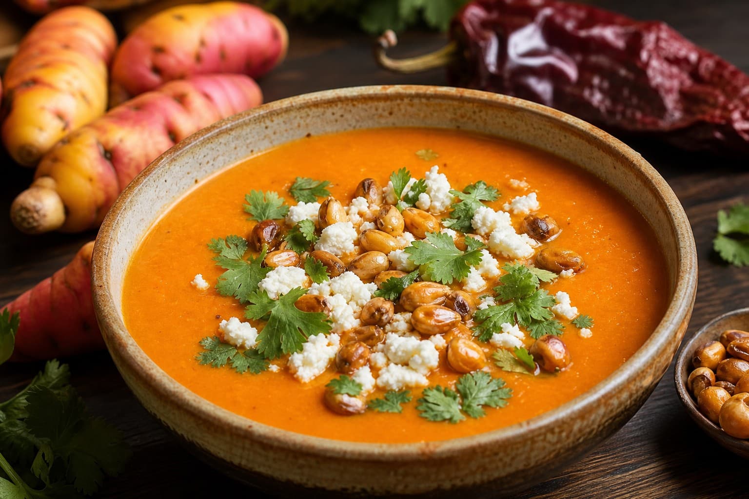 Cream of Olluco and Ají Panca Soup with Crispy Chulpi Corn