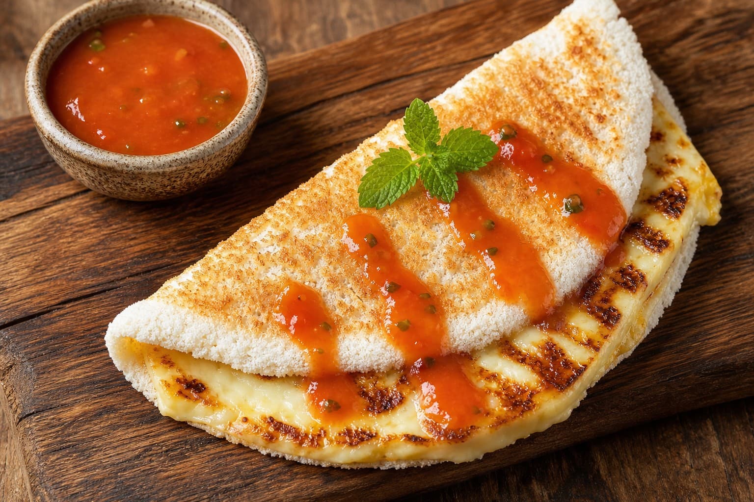 Tapioca Crêpe Stuffed with Grilled Queijo Coalho and Spicy Guava Coulis
