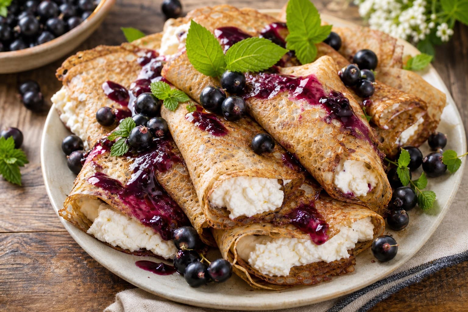 Buckwheat Crepes with Maple Cream Cheese and Blackcurrant Coulis