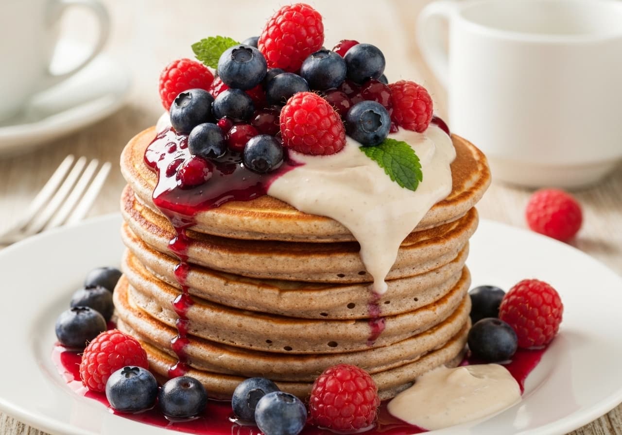 Thick Buckwheat Pancakes with Wild Berry Coulis and Light Maple Cream