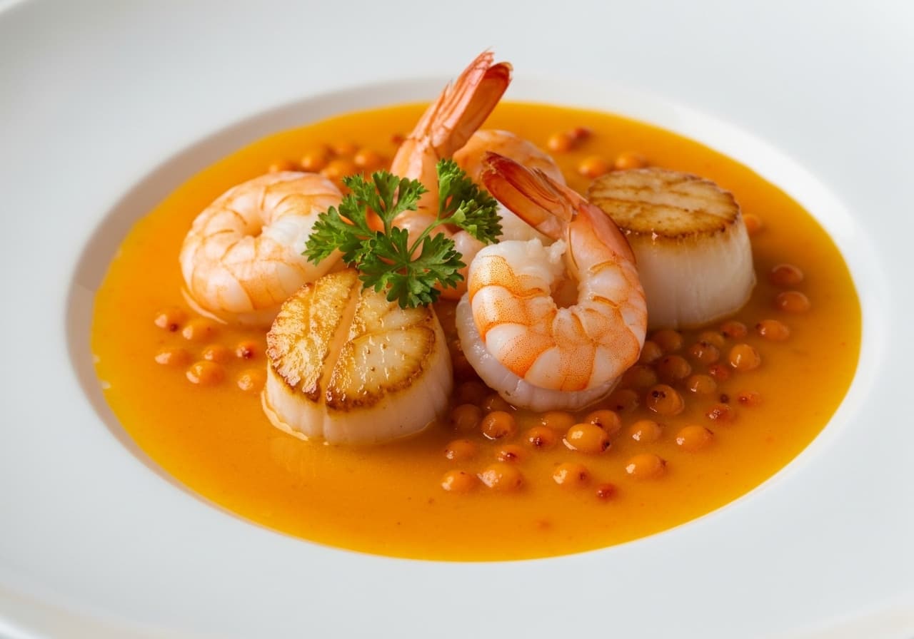 Burst of Scallops and Shrimp with Sea Buckthorn