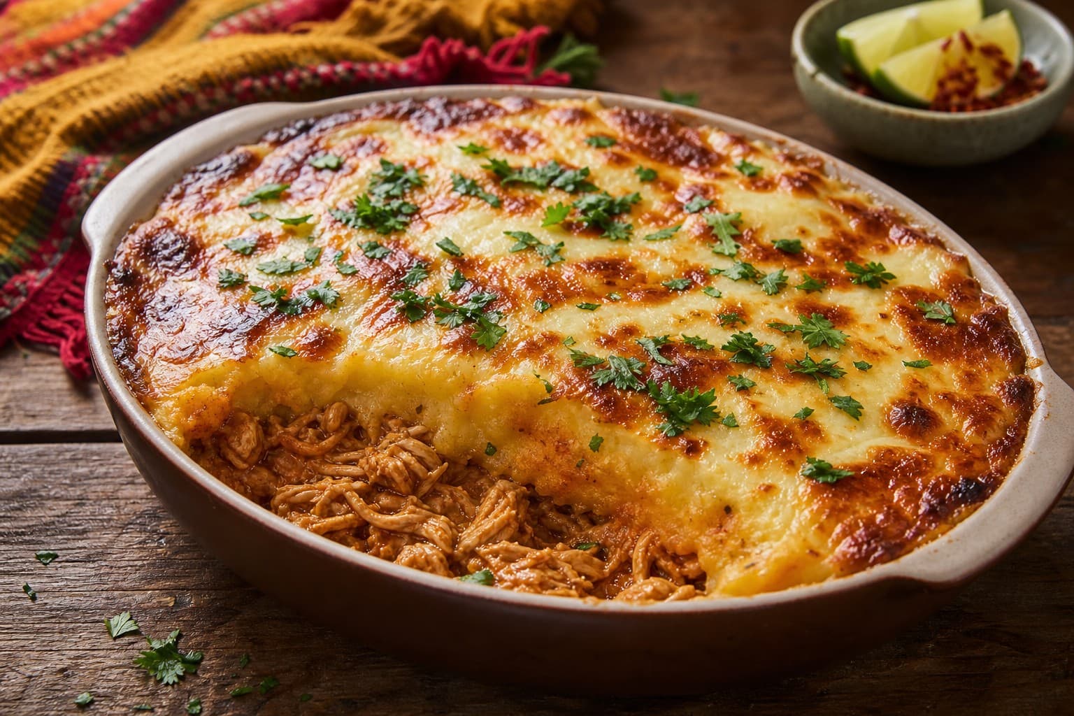 Smoked Chicken Escondidinho with Plantain Puree and Coalho Cheese Crust