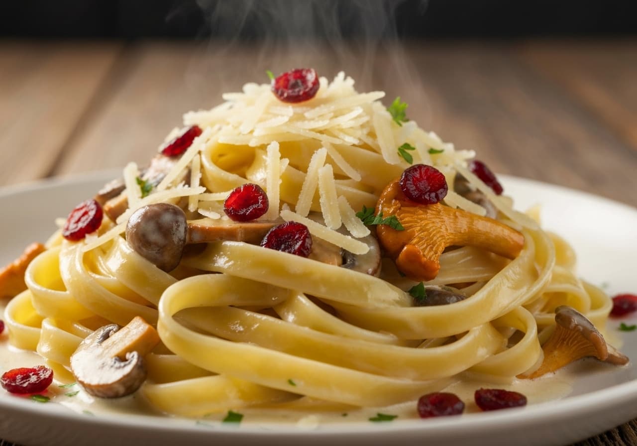 Woodland Fettuccine with Migneron Cheese and Dried Cranberries
