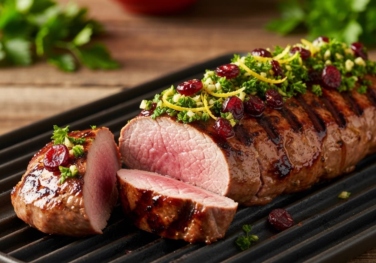 Grilled Pork Tenderloin Glazed with Sweet Gale and Cranberry, with Boreal Gremolata