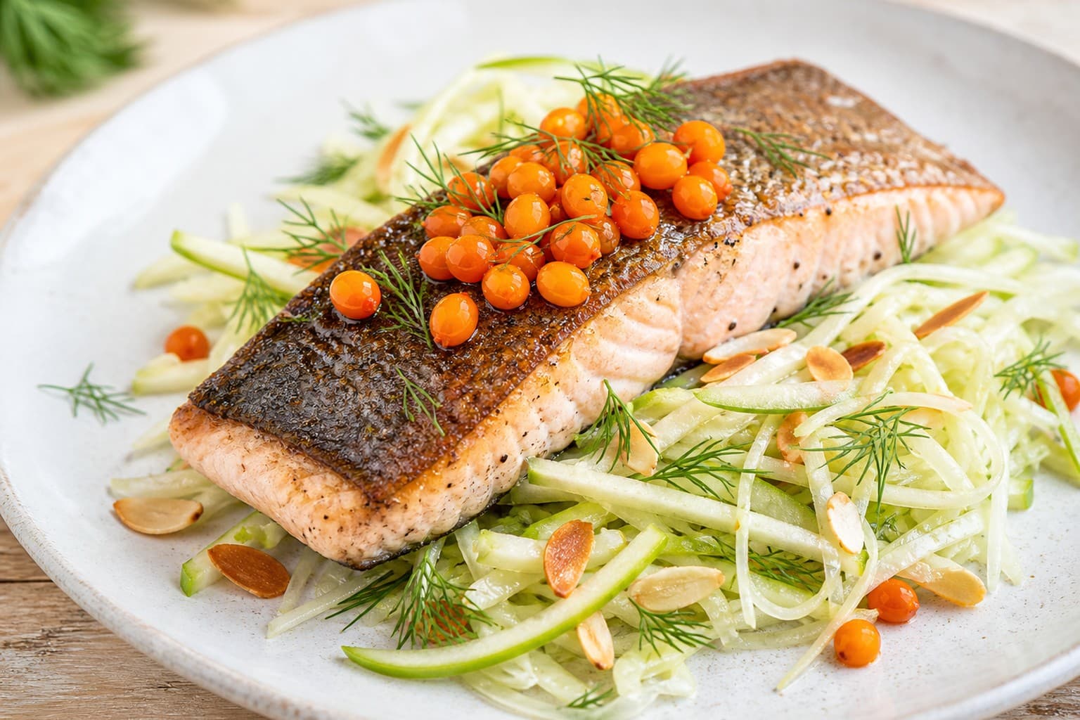 Roasted Rainbow Trout Fillet with Sea Buckthorn Berries, Crispy Celeriac and Apple Salad with Dill