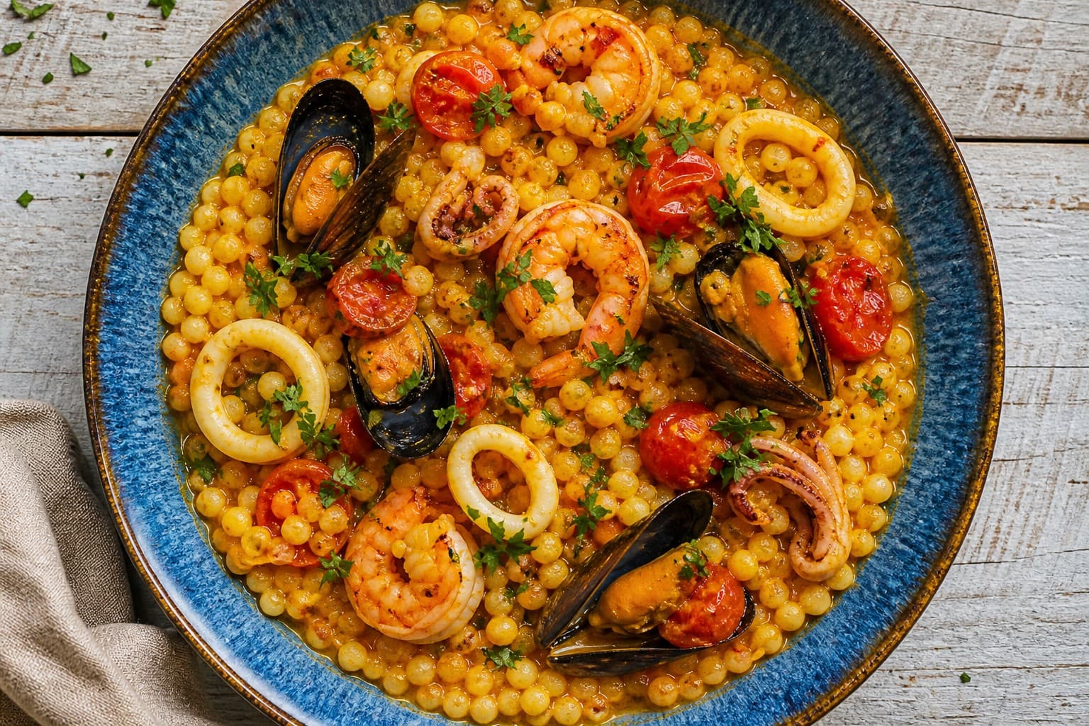 Sardinian Fregola with Seafood, Cherry Tomatoes, and Saffron