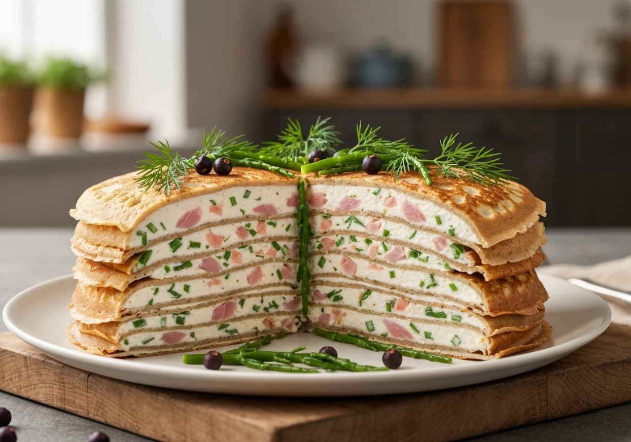 Boreal Savory Crêpe Cake with Smoked Trout and Samphire