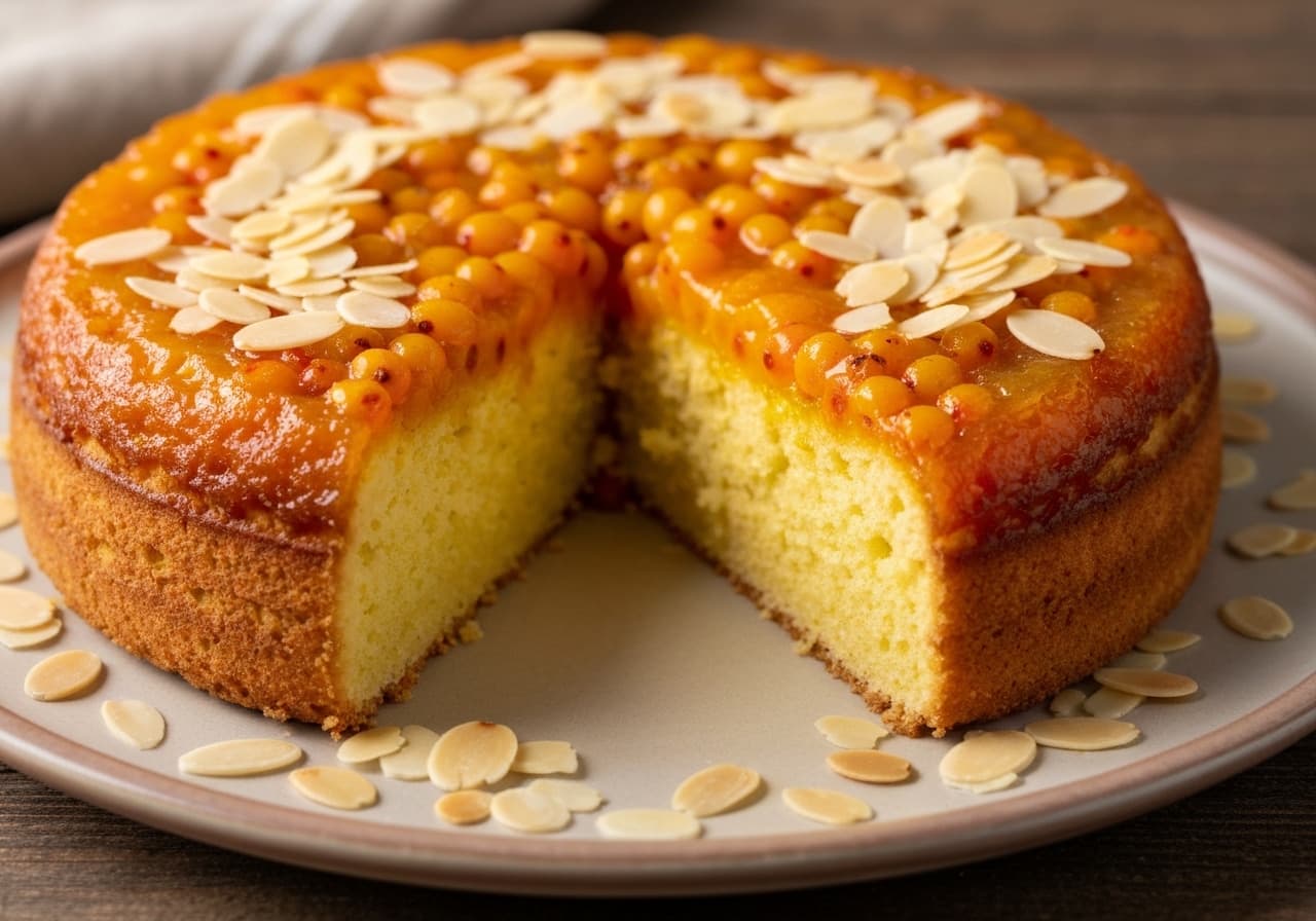 Tangy Sea Buckthorn and Toasted Almond Upside-Down Cake