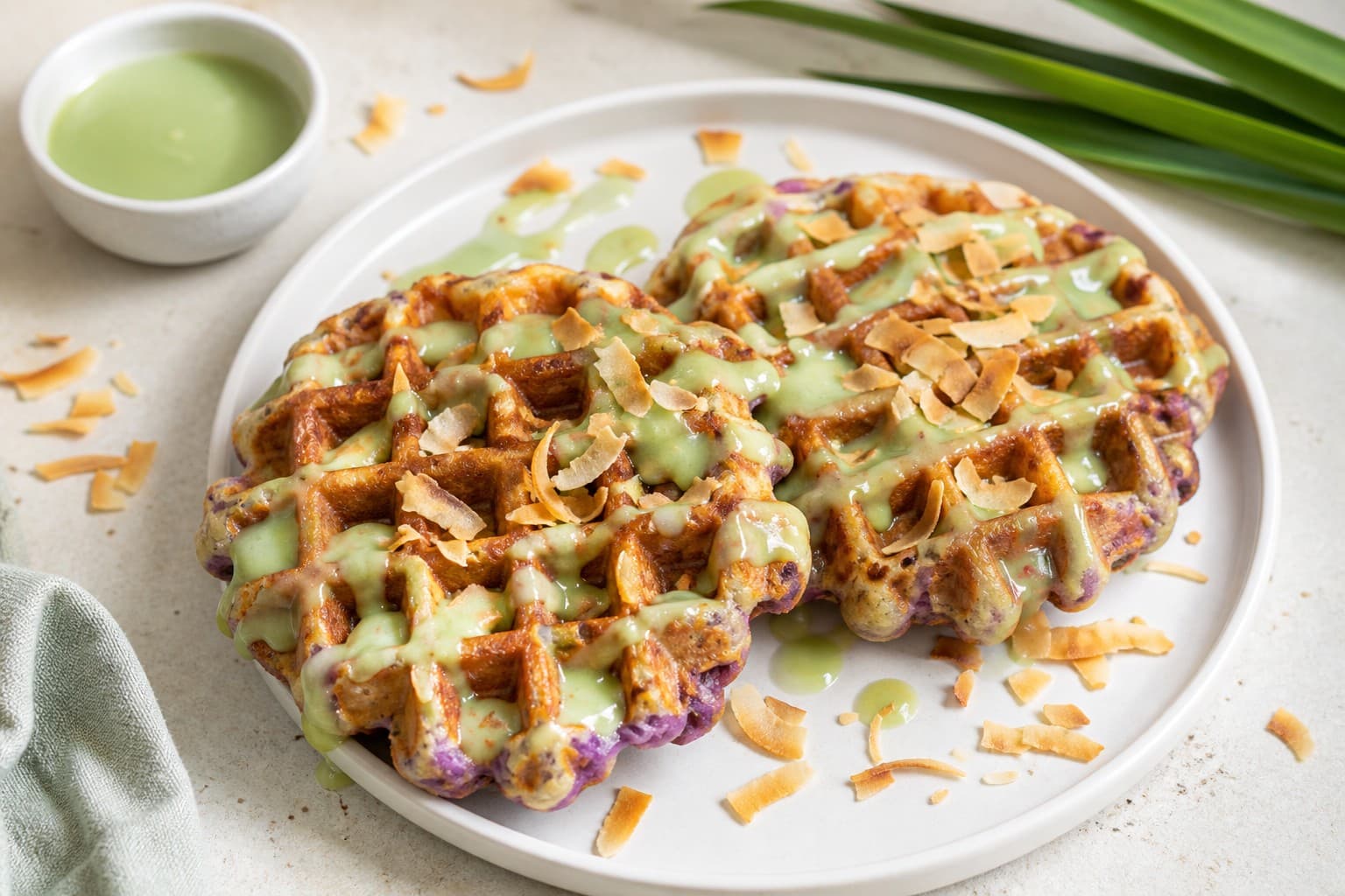 Ube-Mochi Waffles with Coconut-Pandan Syrup and Toasted Coconut Flakes