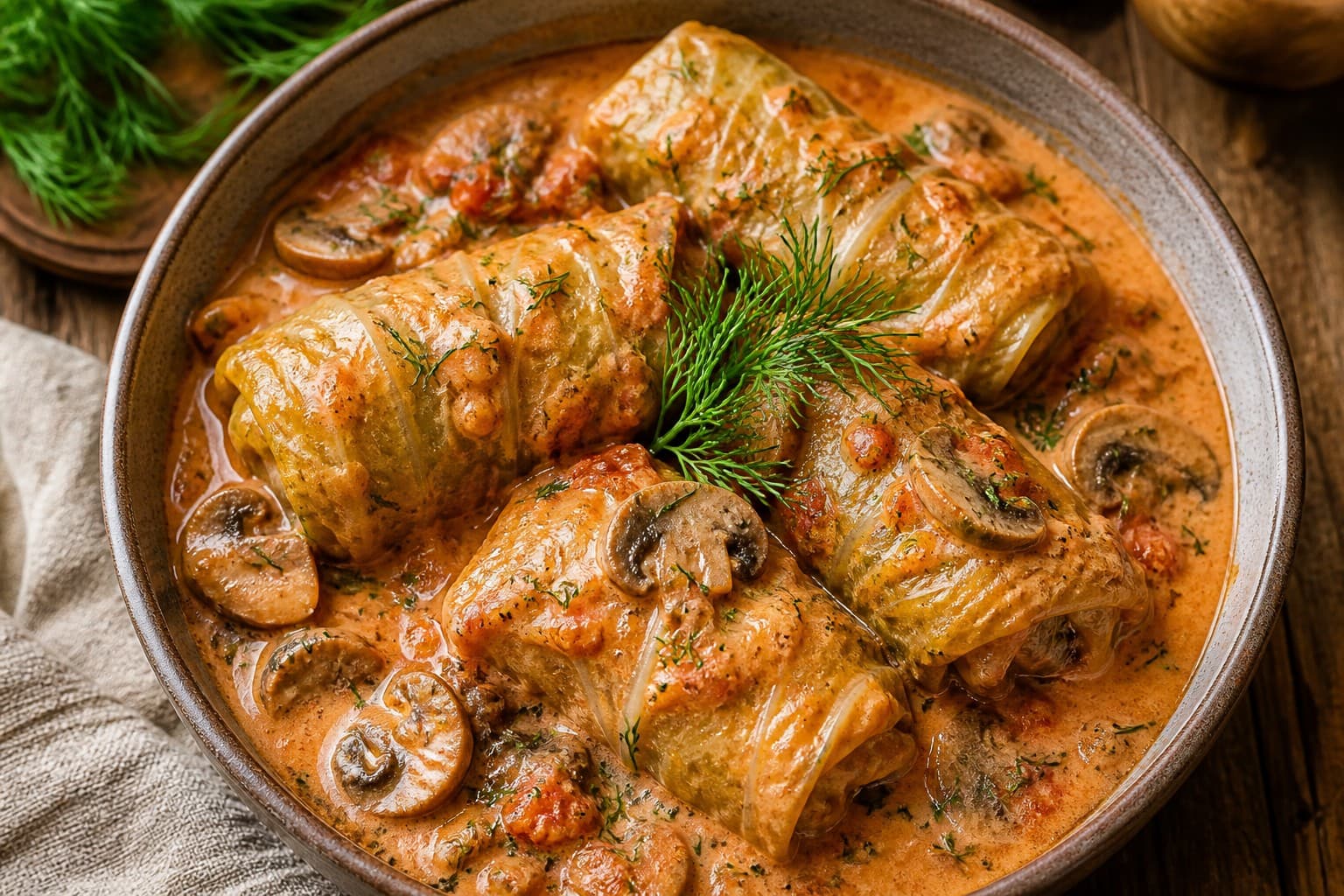 Comforting Cabbage Rolls with Three Grains, Pork, and Creamy Mushroom-Dill Sauce