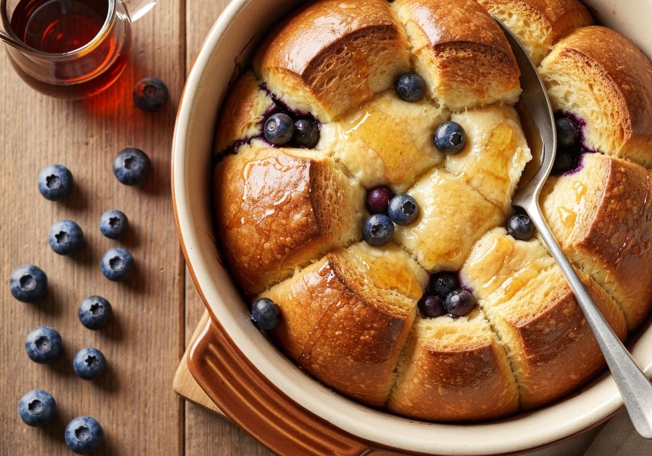 Baked Brioche with Wild Blueberries and Maple Drizzle