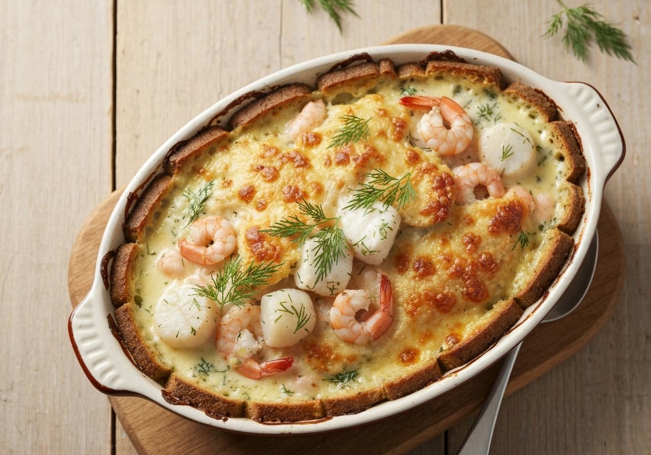 Nordic Seafood Gratin with Dill Cream and Rye Crust