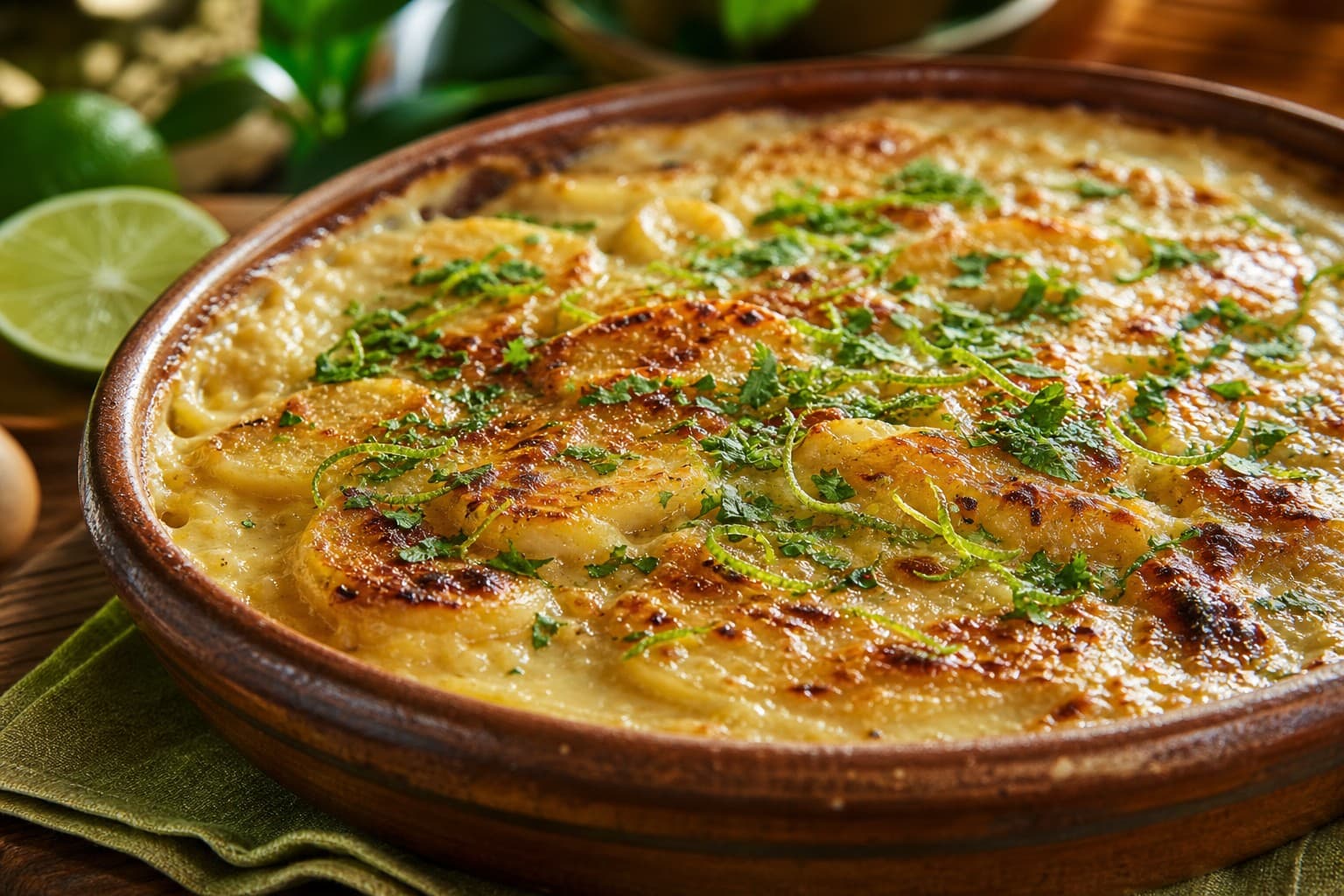 Creamy Cassava Gratin with Coconut Milk, Cachaça, and Lime Zest