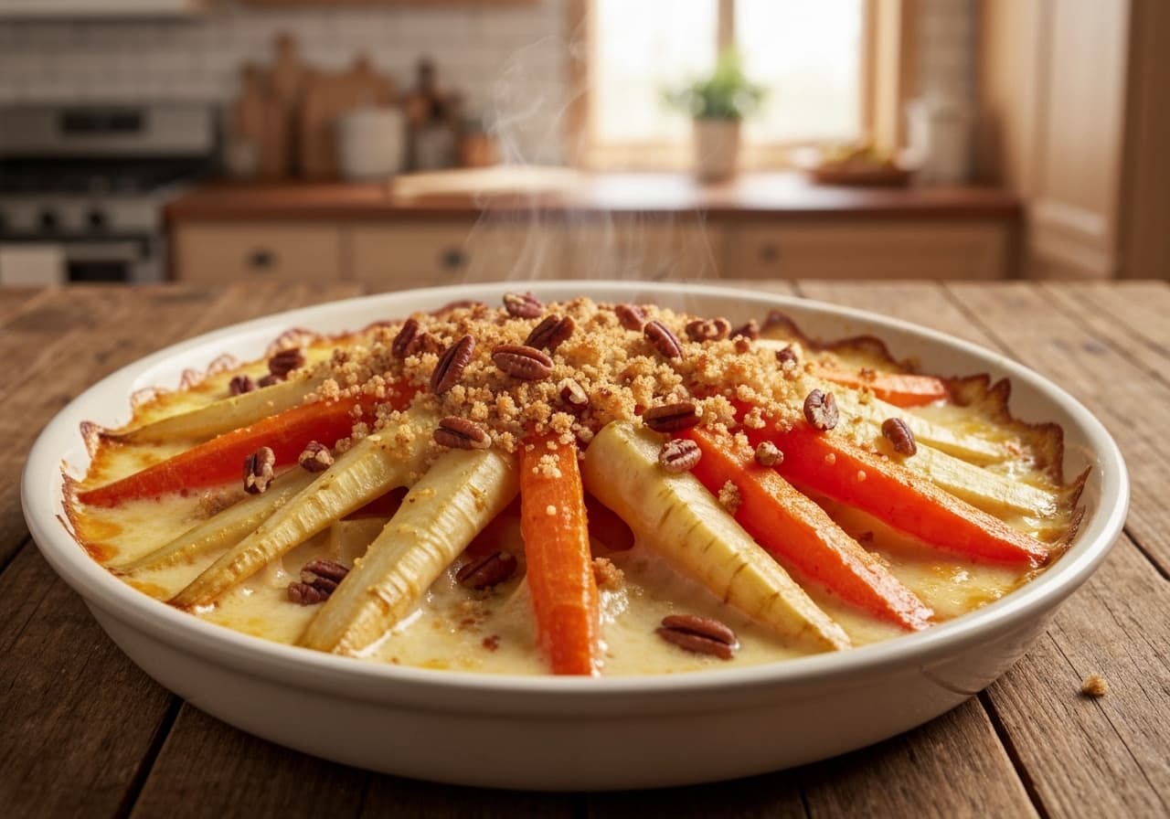 Parsnip and Carrot Gratin with Oka Cheese and Toasted Pecans