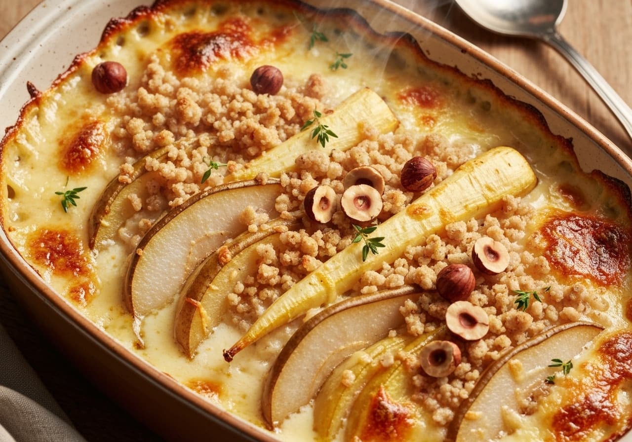 Parsnip and Pear Gratin with Oka Cheese and Hazelnut Crumble