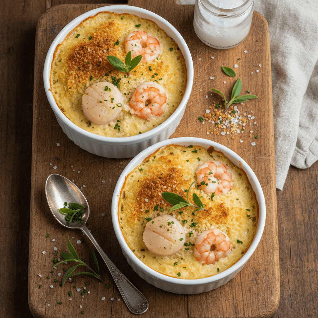 Scallop and Shrimp Gratin with Salted Herbs and Crispy Labrador Tea Crust