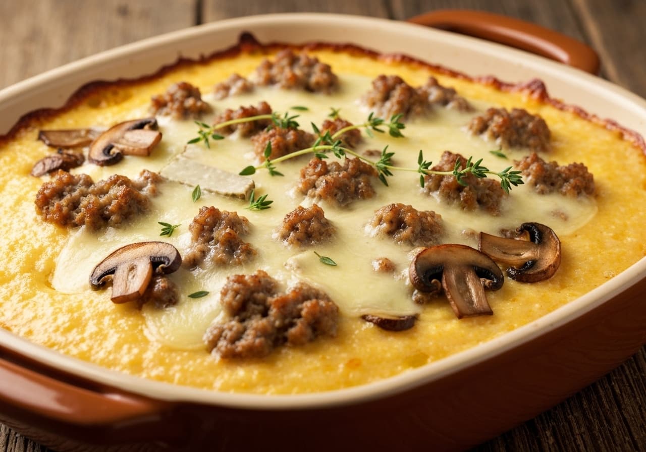 Creamy Polenta Gratin with Italian Sausage, Mushrooms, and Taleggio
