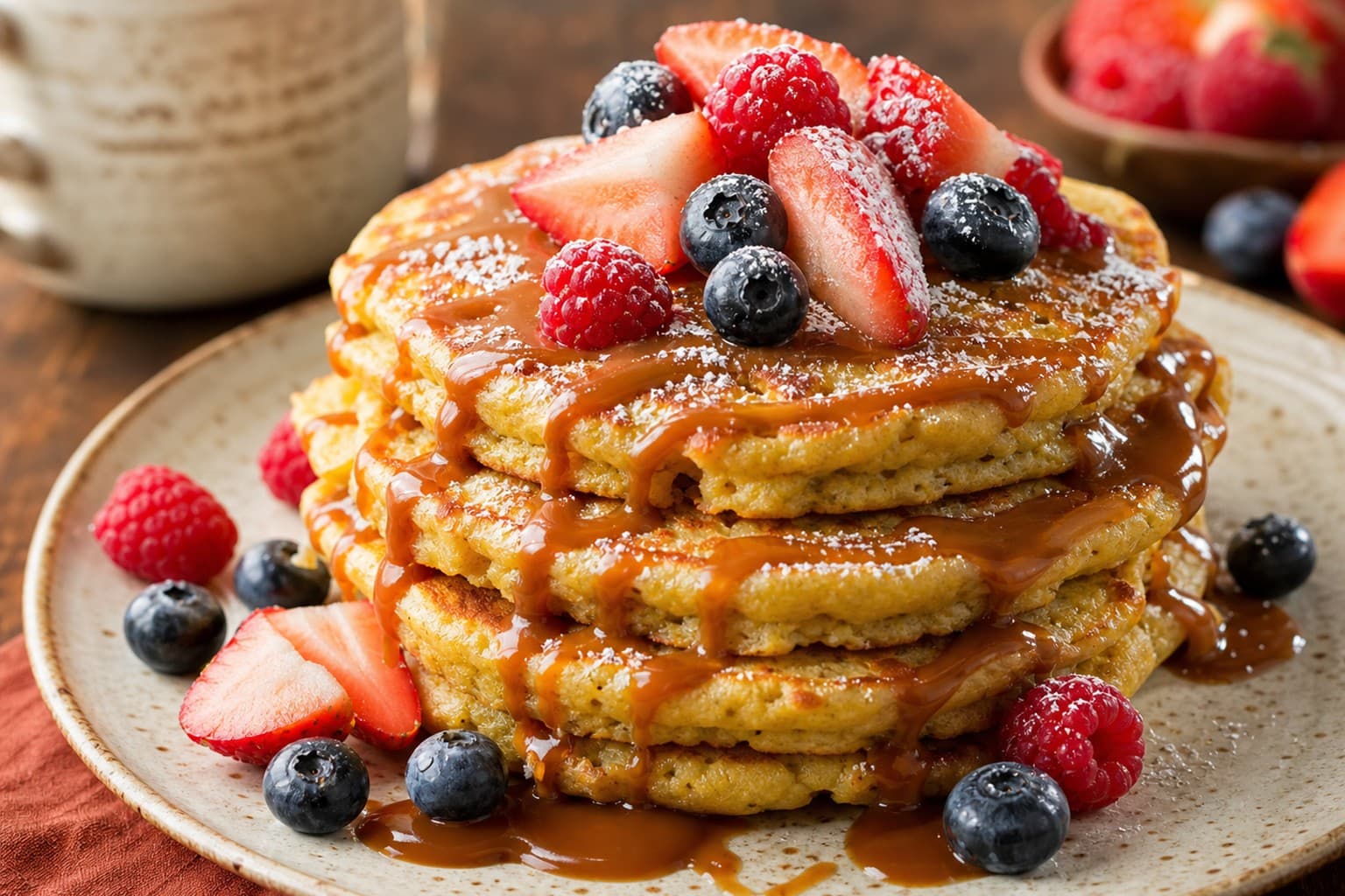 Sweet Corn Hotcakes with Cajeta Sauce and Red Berries