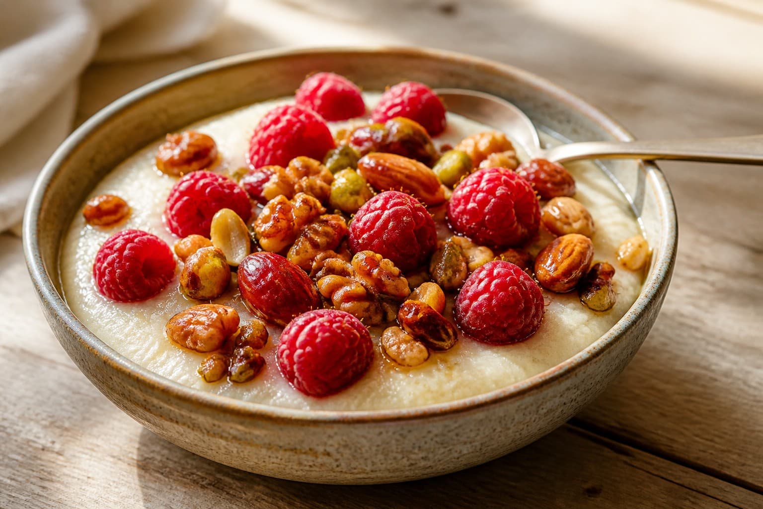 Semolina Porridge with Raspberries and Caramelized Nuts