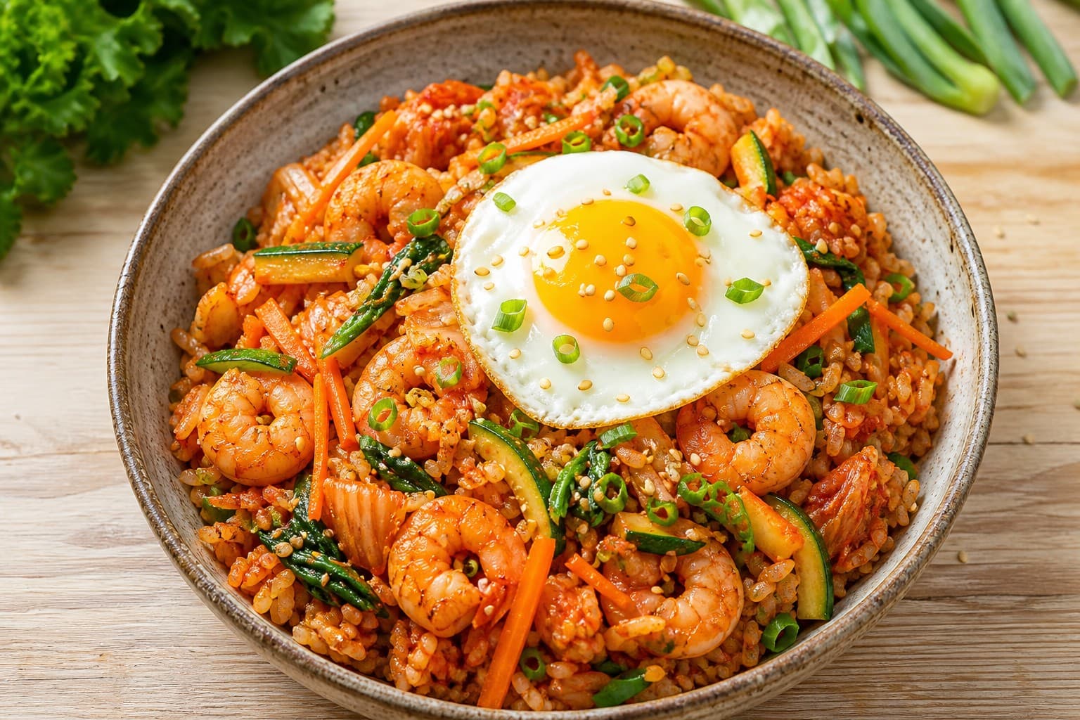 Revitalizing Kimchi Bokkeumbap with Shrimp and Spring Vegetables