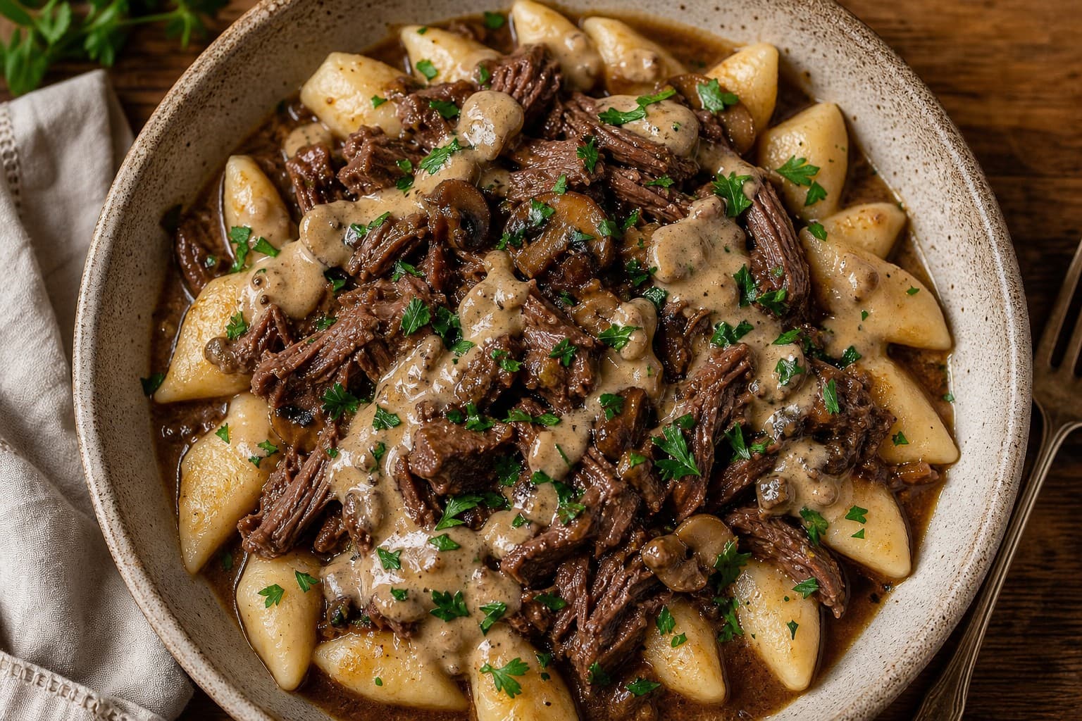 Kopytka with Braised Beef and Smoked Mushroom Cream