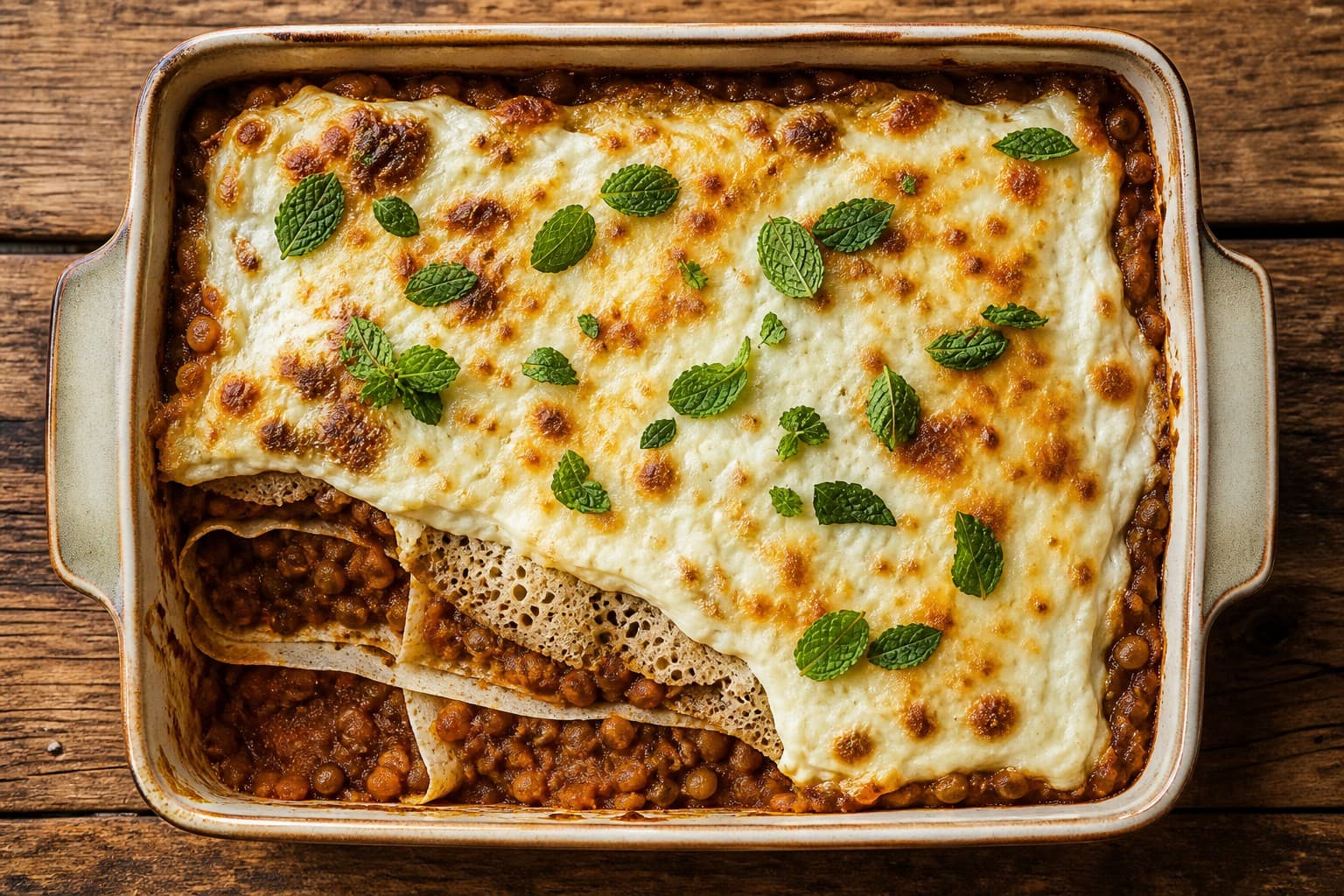 Injera Lasagna with Spicy Lentils and Niter Kibbeh Labneh Cream