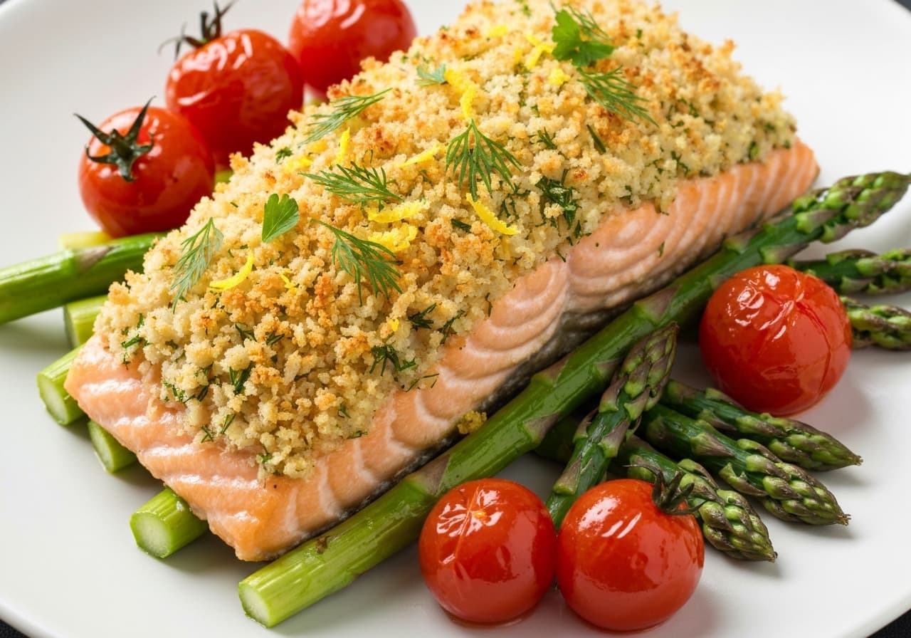 Lemon Herb Crusted Salmon with Roasted Asparagus & Cherry Tomatoes